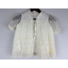 Vintage White Sheer Embroidered Baby Christening Gown Lace Trim Ribbon Tie 9M