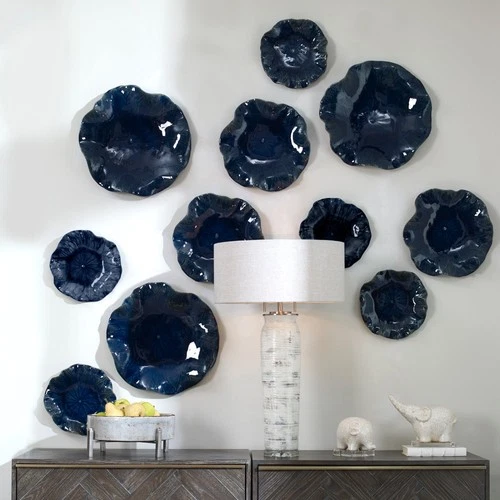 UTTERMOST 4253 ABELLA FLOWER GLAZED RICH COBALT BLUE CERAMIC WALL DECOR SET OF 3 - Picture 4 of 6