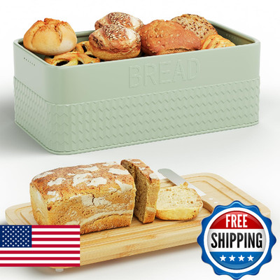 Metal Bread Box w/Bamboo Cutting Board Lid & Knife, Kitchen Countertop Storage