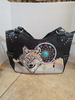 14'×10' Faux Leather Black Gray Wolf Dream Catcher Large Satchel Purse