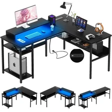 Reversible L Shaped Desk with Magic Power Outlets and Smart LED Light, Sturdy...