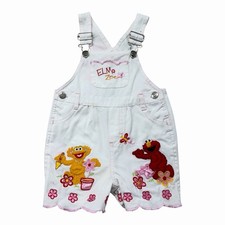 Vintage RARE Sesame Street Elmo Zoe Floral Embroidered Overall Shortalls 12M
