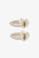 White Heart Flower Crochet Fabric 2 Piece Hair Clip Set