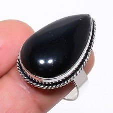 Natural Brazilian Black Onyx Gemstone 925 Sterling Silver Ring Size 9 E153
