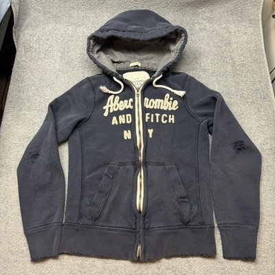 VTG Abercrombie And Fitch NY Hoodie Medium Muscle Lined Hood Full Zip Y2K Blue