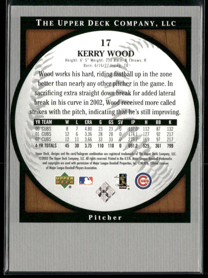 Kerry Wood 2003 Upper Deck Standing O! #17 Chicago Cubs - Image 2 of 2