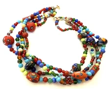 Multi Colored Glass 4 Strand Necklace w/ Milifiori Beads