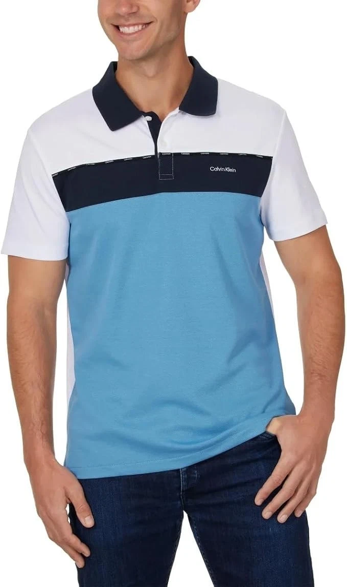 NEW Men's Calvin Klein Blue White Polo Shirt Size Large