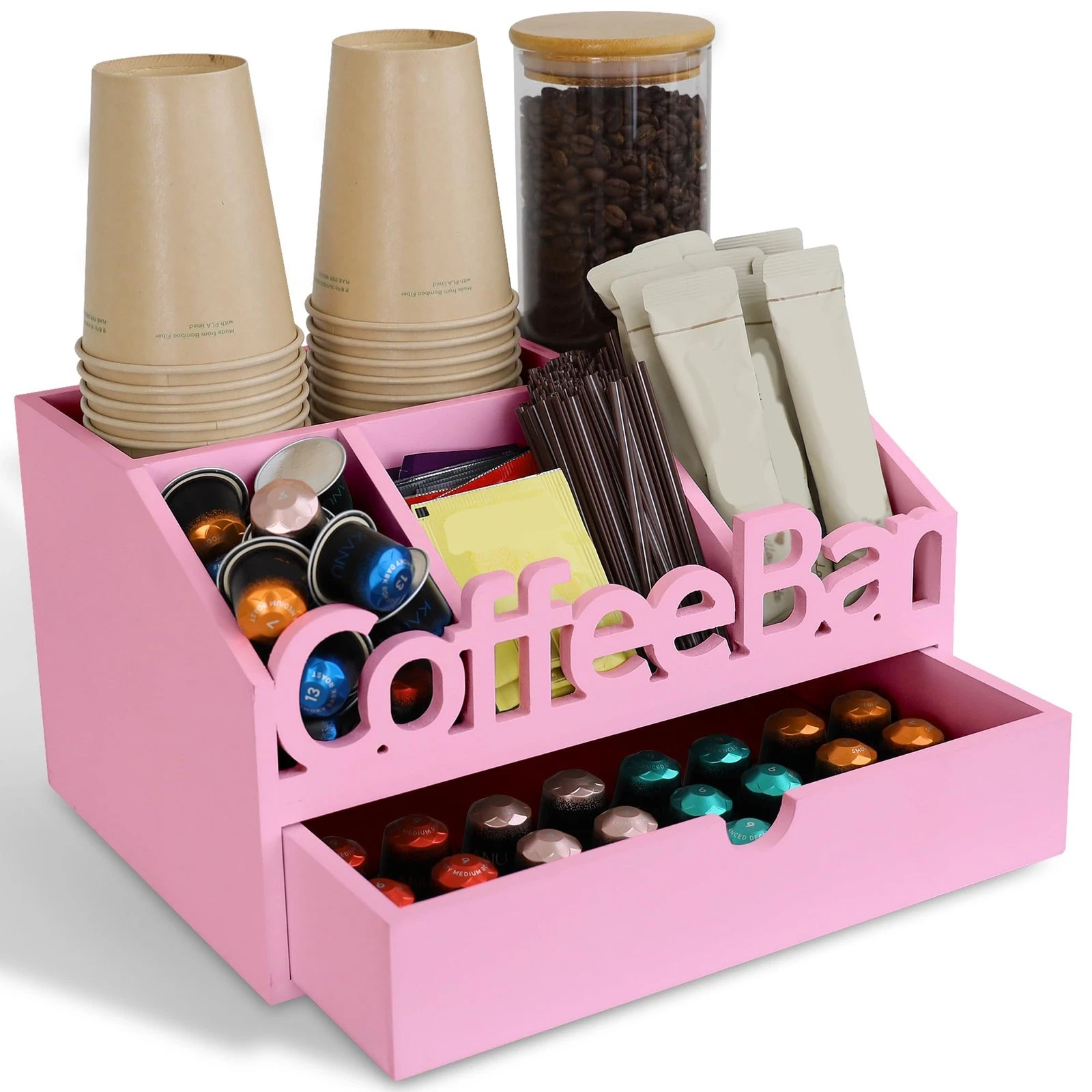 Coffee Bar Organizer for Countertop – Wooden Coffee Station with Black Drawer...