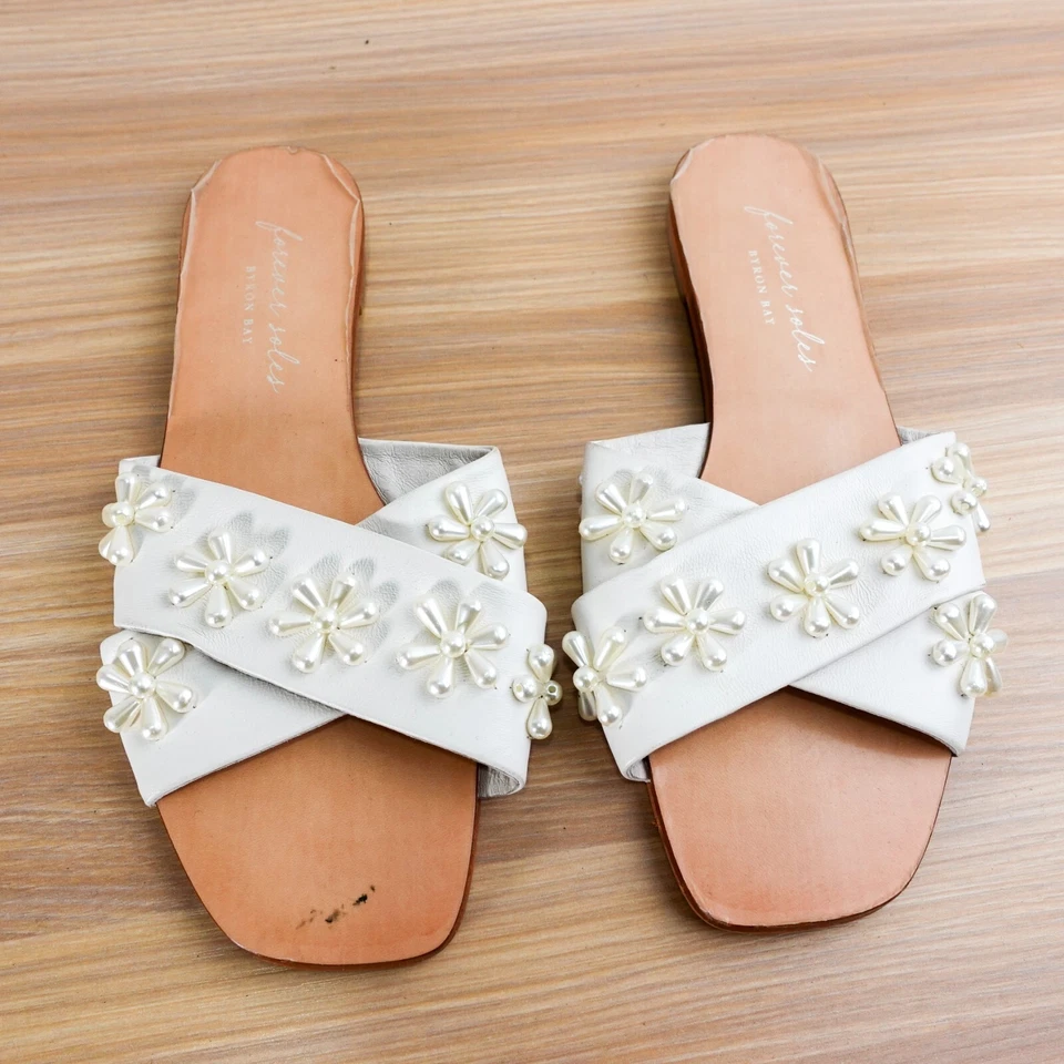 Mujeres Novia Flor Plana Sin Cordones 5.5 Blanco Floral Perla Cuentas Slides SUELAS PARA SIEMPRE Foto 2 de 4