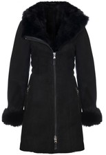 Women's Black Hooded Suede Merino Shearling Sheepskin Toscana Jacket Coat