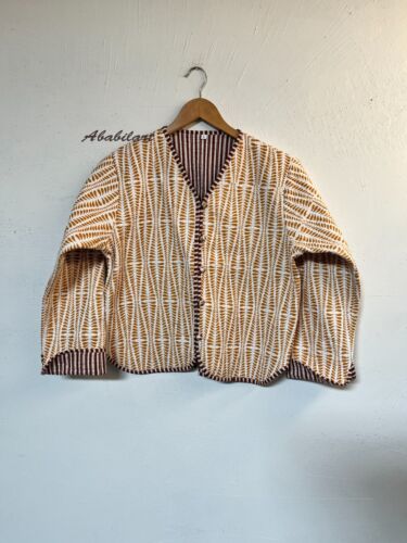 Indian Handmade Chevron Printed Cotton Quilted Jacket Vintage Reversible Jacket - Picture 3 of 7