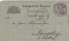 BAYERN "NÜRNBERG II" K1 auf 5 Pf GA-ANTWORTTEIL-Postkarte 1887 nach MOEGELDORF