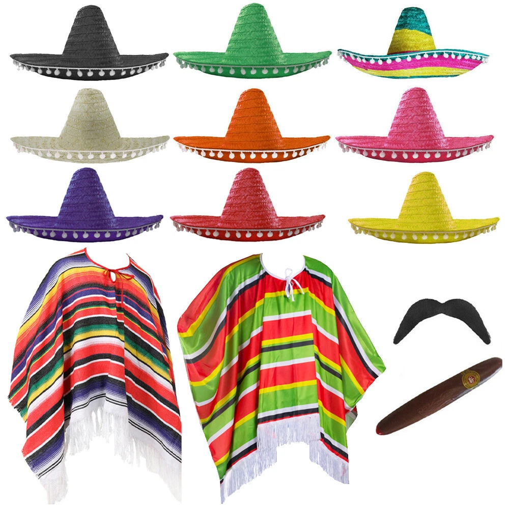 MEXICAN FANCY DRESS COSTUME PONCHO SOMBRERO WILD WESTERN BANDIT MENS FANCY DRESS