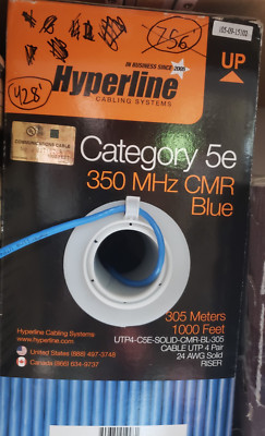 Hyperline UTP4-C5E-SOLID-CMR-BL-305 350MHz Blue Cat 5E Cable - 100' coil
