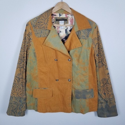 Vintage 90s Y2K Alain Weiz Sport Printed Double-breasted Corduroy Jacket Sz 18 - Picture 2 of 13
