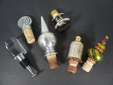 Lot of 6 Bottle Stoppers, Crystal, Pewter, Resin, Silverplate, Chrome