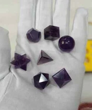 Natural Purple Amethyst Platonic solids set 7 Pieces, With Premium Box.