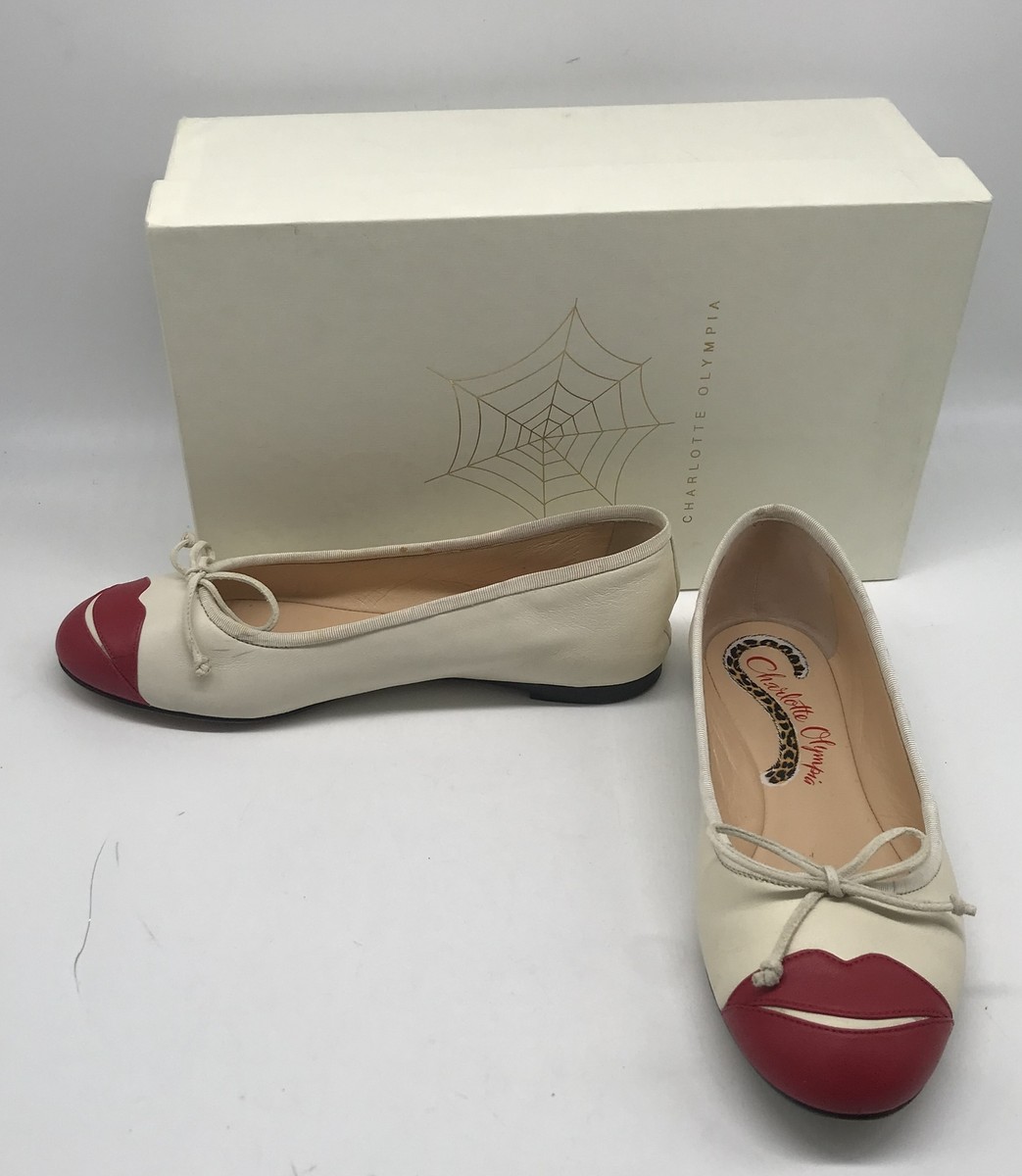 Charlotte Olympia off-white red kiss me darcy calf skin lip flats 
