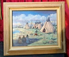 SOUTHWESTERN PRIMITIVE AMERICAN VILLAGE OIL PAINTING ON CANVAS SIGNED M BARRICK