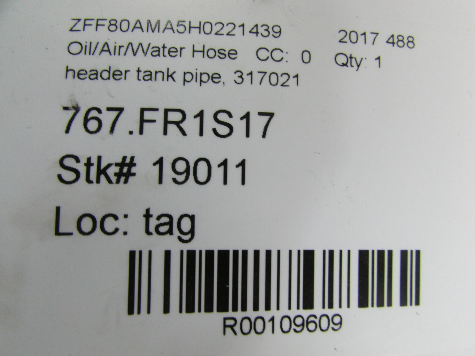 Ferrari 488, Header Tank Pipe, Used, P/N 317021