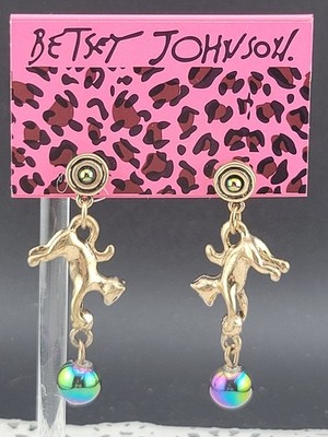 NWT Betsy Johnson   Cat Playing Ball Chandelier Gold Tone1.75'' Pierced Earrings
