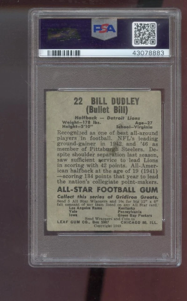 1949 Leaf #22 Bullet Bill Dudley PSA 1.5 Graded Football Card NFL Detroit Lions - Image 2 of 2