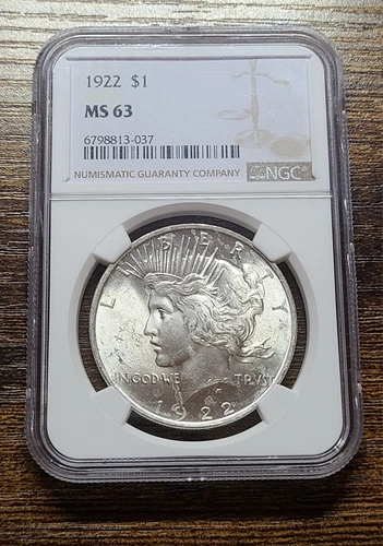 1922 Peace Silver Dollar NGC MS63 Certified Choice Mint State White Label Slab