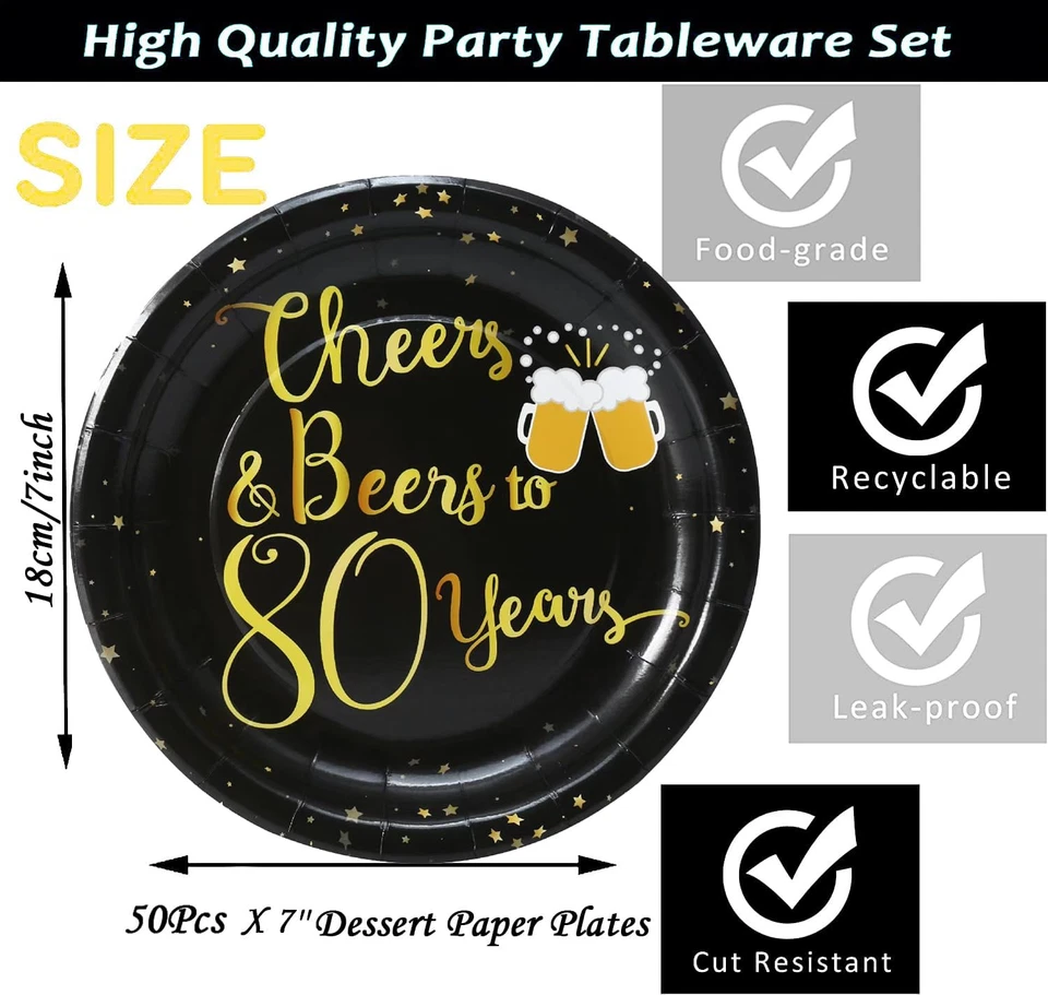 50Pcs 80Th Birthday Plates 80Th Birthday Party Supplies 7"80Th Dessert Plate Che - Imagem 2 de 4