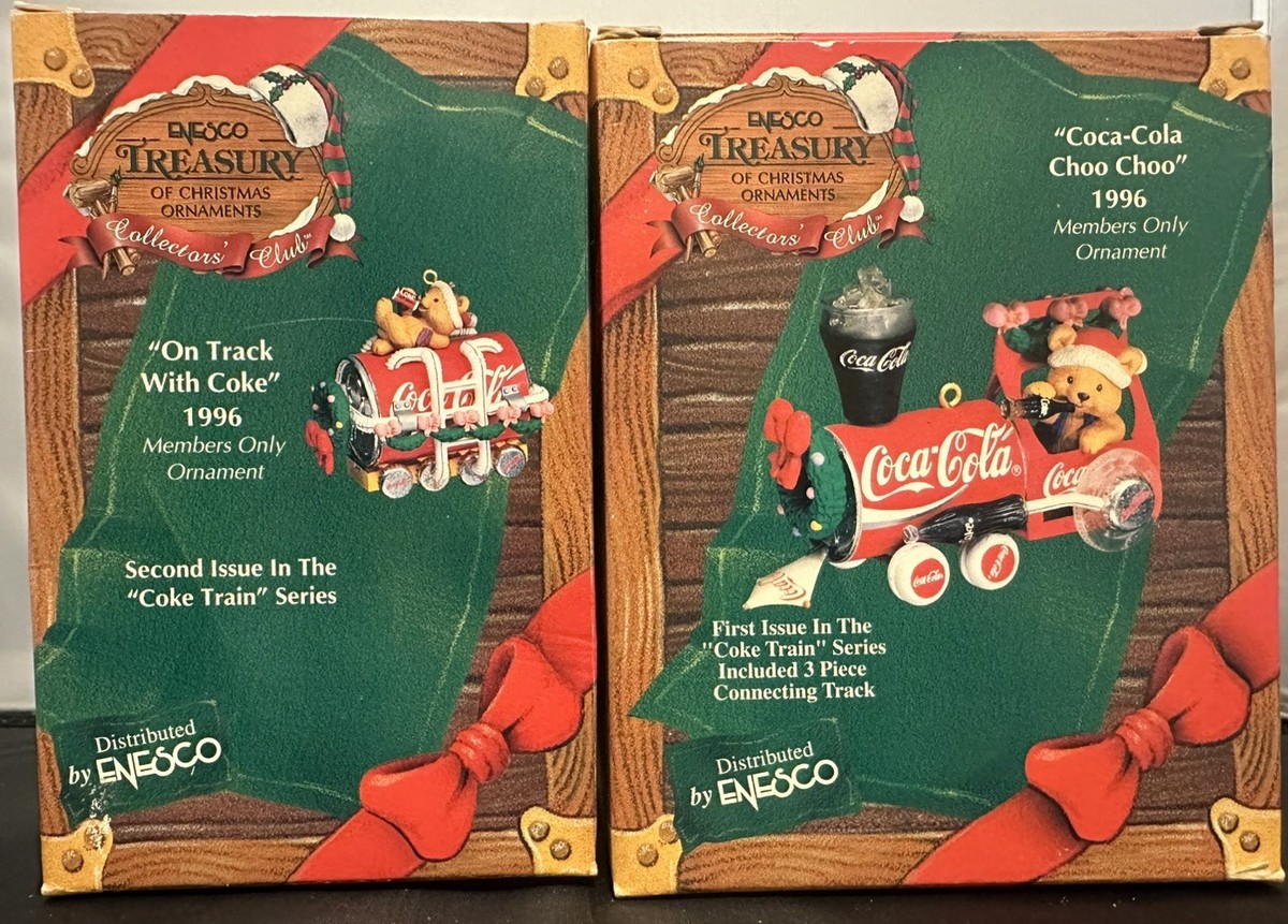 1996 Coca-Cola Enesco Christmas Ornament Train 2 Piece Set- #1-2