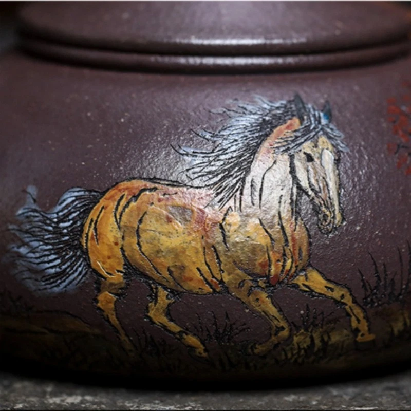 Tetera Hecha a Mano 14 Agujeros Infusores Caballo Tallado Real Yixing Zisha Antigua Arcilla Púrpura Foto 2 de 4