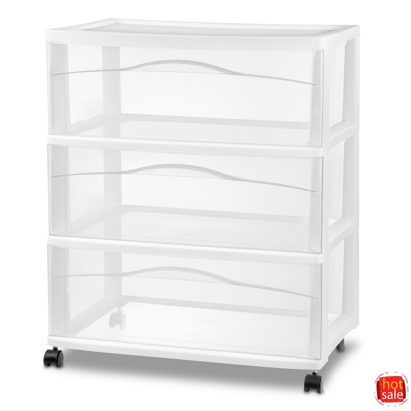 Brightroom 3-Drawer Wide Plastic Storage Cart with Casters, White, Portable