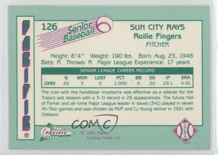 1991 Pacific Senior Professional Baseball Association Rollie Fingers #126 HOF - Image 2 of 2