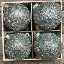 Coastal Collection Aqua Blue Glittery Crystal Glass Christmas Ornaments Set 4