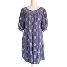 Puff-Sleeve Smocked Floral Embroidered Tiered Mini Swing Dress Size Medium