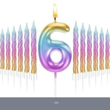 Rainbow Number 6 Birthday Candle Set with 12 Spiral Cake Candles Party Decor