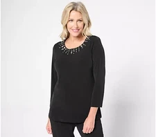 Susan Graver Artisan Embellished Neck Top with 3/4 Sleeves Black M New