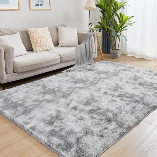 Fluffy Shag Area Rug, 4x6 Tie-Dyed Light Grey Rugs for Bedroom Soft Plush Area