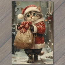 POSTCARD Cat Dressed Santa Sack Rooftop Holiday Christmas Presents Vintage Look
