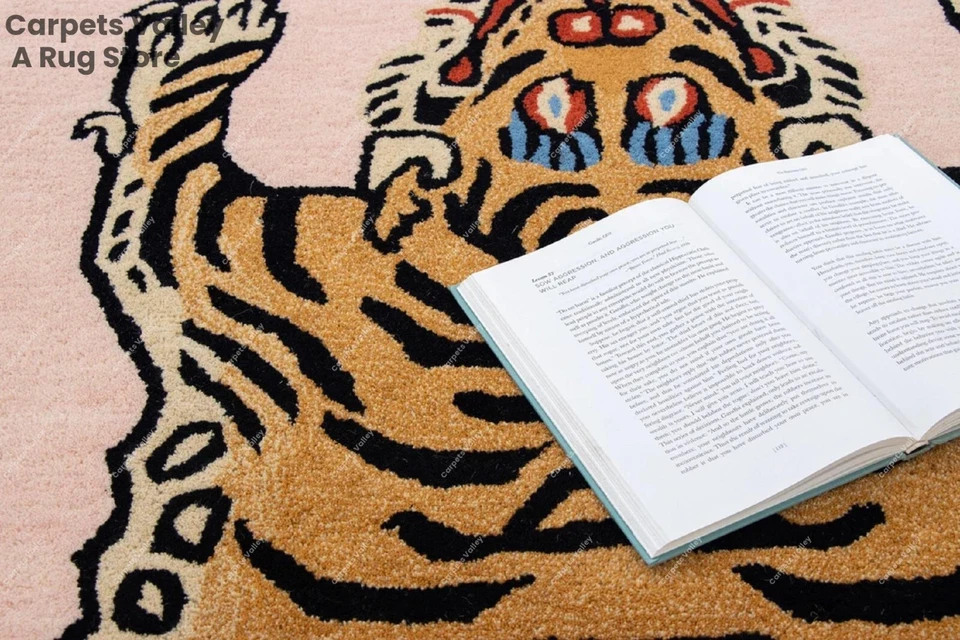 Tibetan Tiger Print - Pink & Brown, Hand-Tufted Wool Handmade Area Rug Carpet - Image 3 of 4
