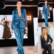Women Suit Blue Black Shiny Sequin Party Performance Decoration Suit Set Blazers