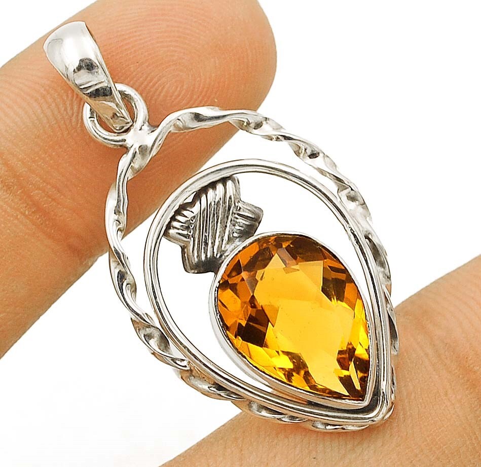 3CT Natural Golden Citrine Sterling Silver Pendant Jewelry