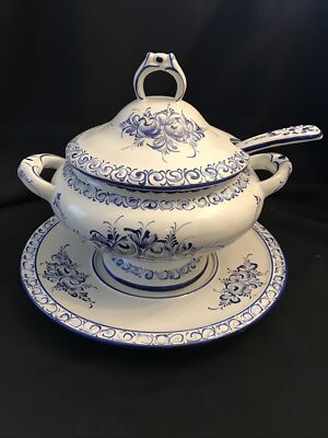Portuguese Soup Terrine Blue And White 4 Pieces, Never Used In Mint Condition￼