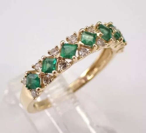 Princess Cut Simulated Green Emerald Engagement Band Ring 14k Yellow Gold Plated - Picture 2 of 8