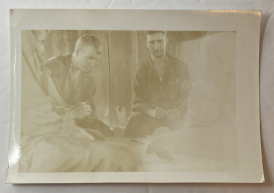 Vtg B&W Photo Handsome Soldiers Chest Showing Playing Cards