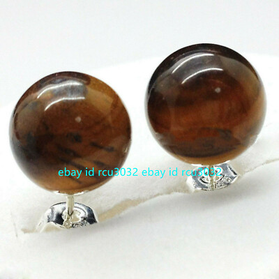 Beautiful Natural African Tiger's Eye 10mm Round Gems Beads Silver Stud Earrings
