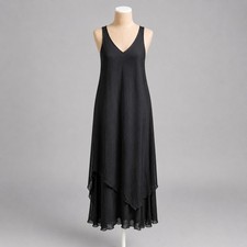 Vtg 100% Silk Asymmetrical Tiered Maxi Dress XL Black 90s Minimalist Whimsigoth