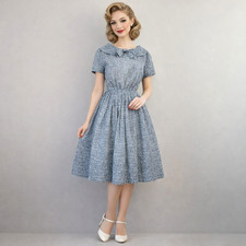 Vintage 50s L'AIGLON Size 6 Peter Pan Collar Pleated Linen Fit & Flare Day Dress