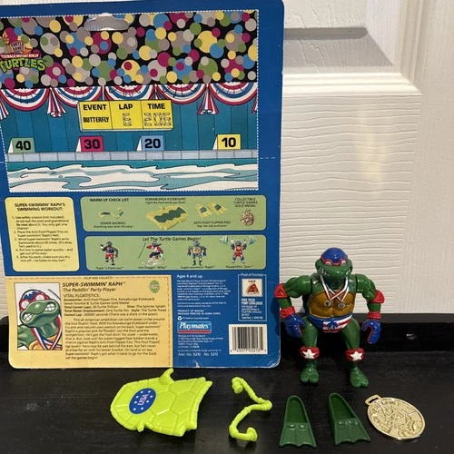 Vintage TMNT Turtle Games Super Swimmin Raph Playmates 100% Complete w Cardback