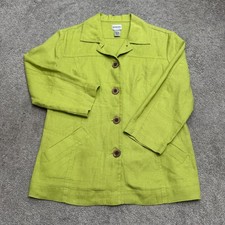 Chicos Linen Button Up Jacket Women 0 XS Chartreuse Green 100 Linen 3/4 Sleeve